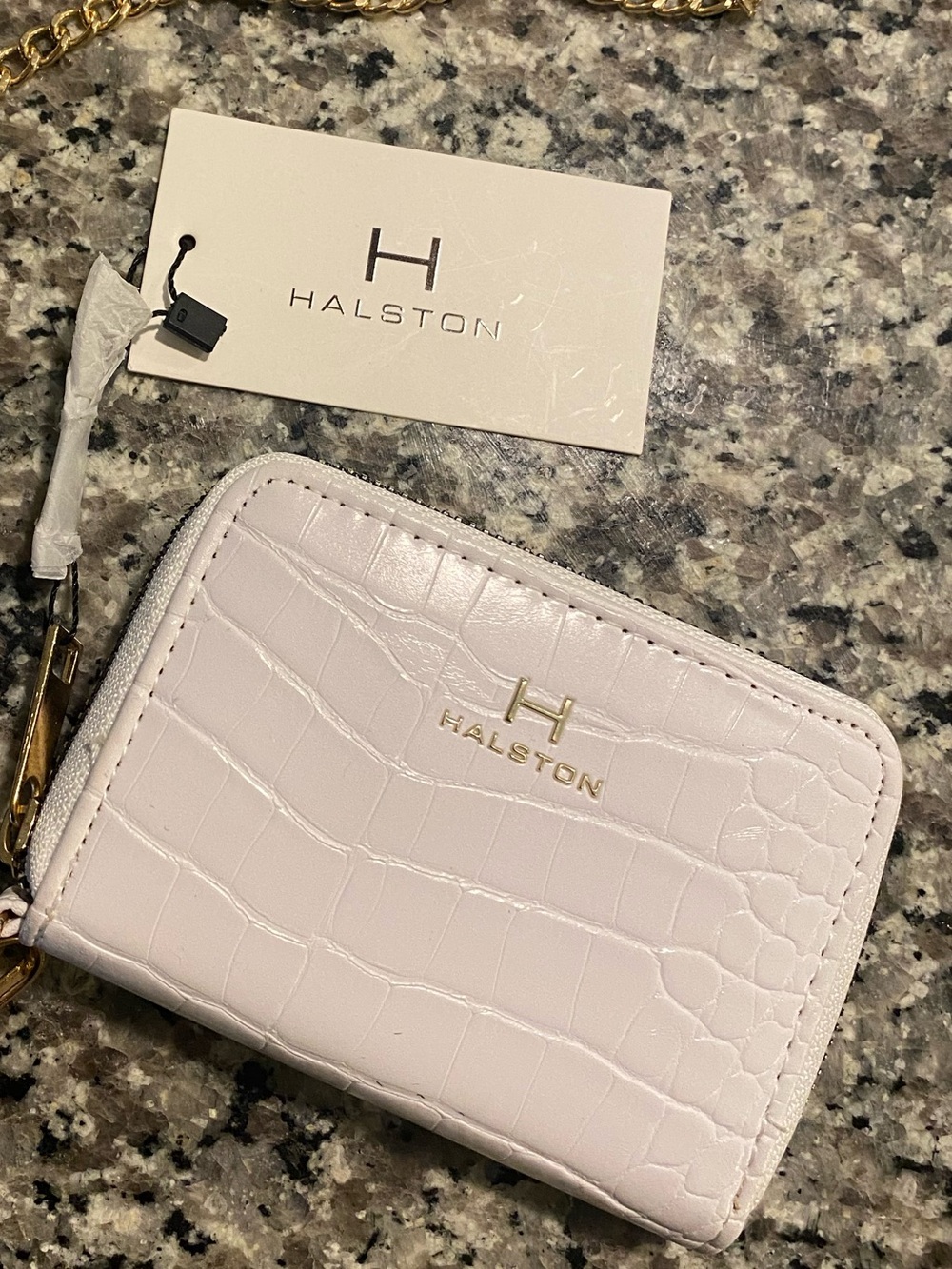 H by Halston Croc-Embossed Zip Wallet in White with Gold Hardware